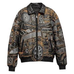 Vintage Rexton Embroidered Cars Black Leather Bomber Jacket Italy